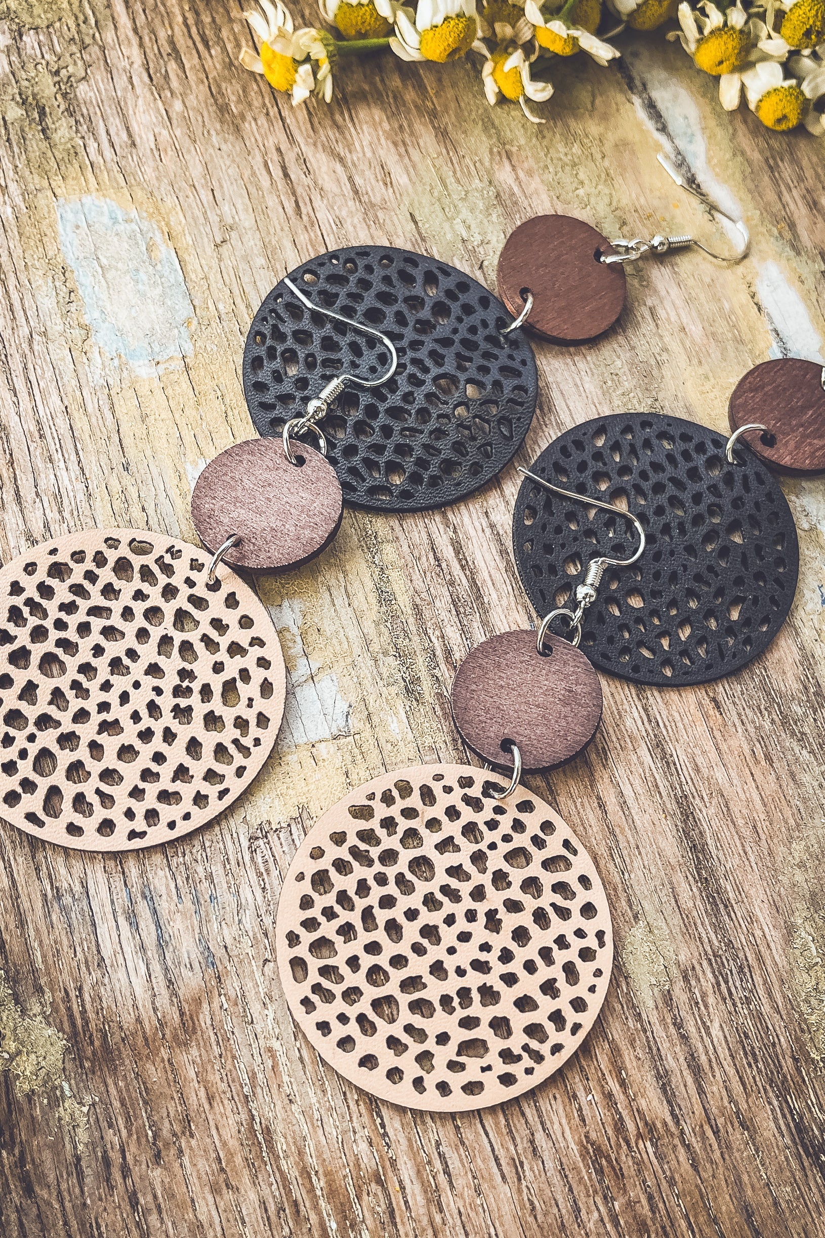 Beautiful Cream Leather and Wood Earrings