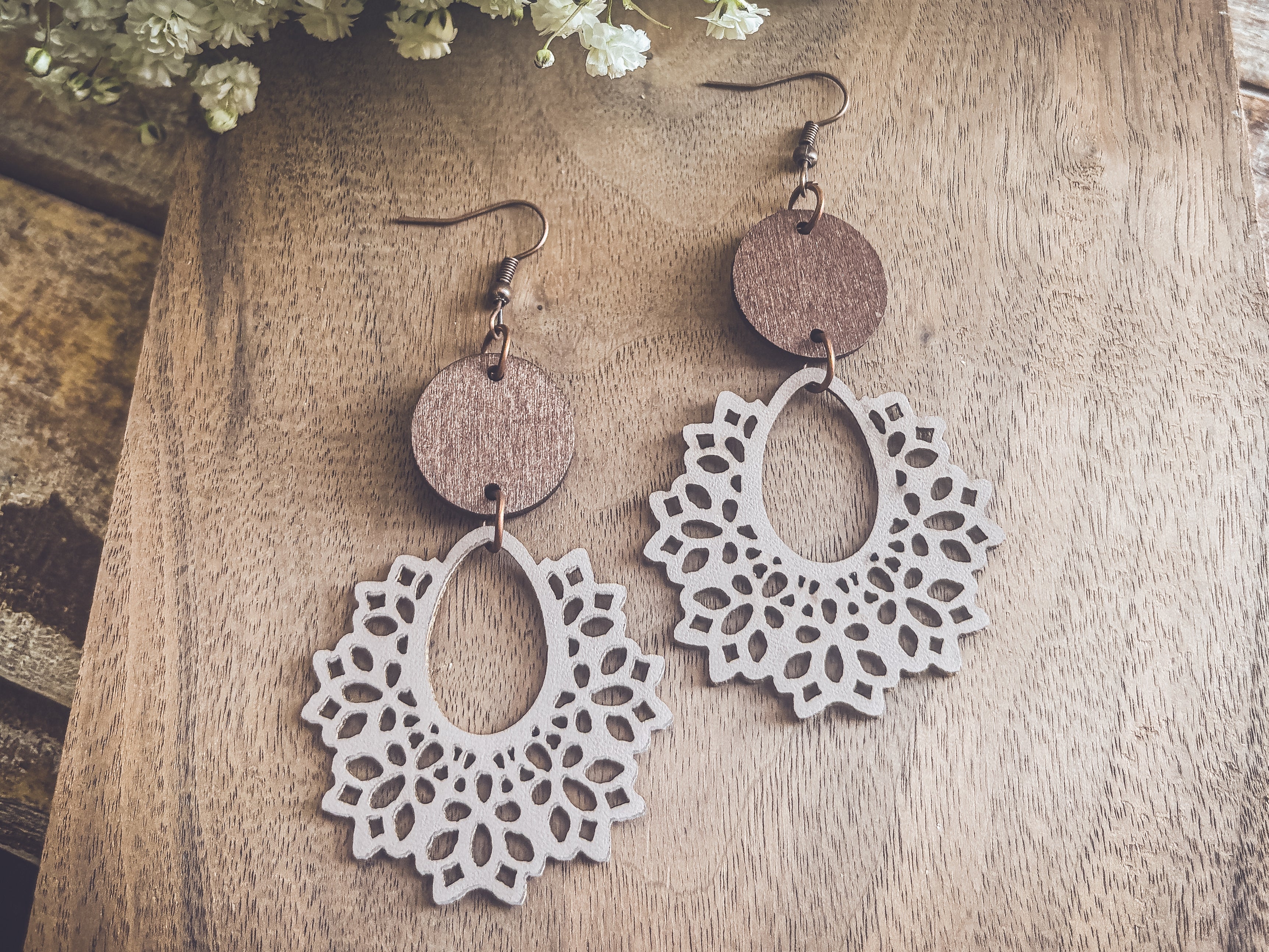 Beautiful Off White Wood Lavender Hued and Leather Earrings