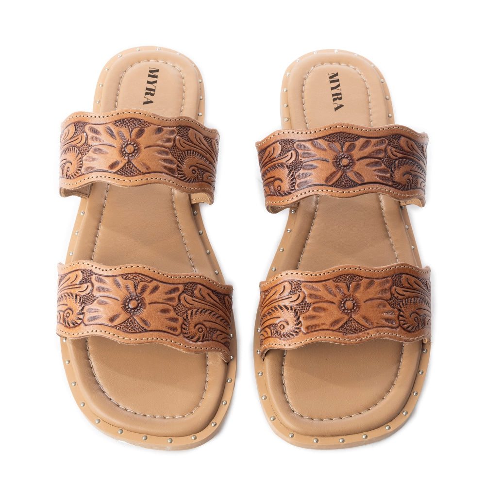 Myra Santa Fe Daisy Leather Sandals for Women - Handtooled Slides with Intricate Floral Design for Summer Comfort
